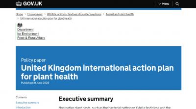 Website screenshot of UK international action plan for plant health page