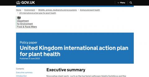 Website screenshot of UK international action plan for plant health page