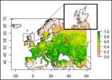 EAB suitability scores: – colour scale represents suitability (green: high, white: low) and red dots represent known occurrence (2018-19)